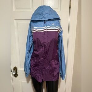 Girls Large Adidas Windbreaker Jacket Purple Blue Button Up Hood Thin Mesh